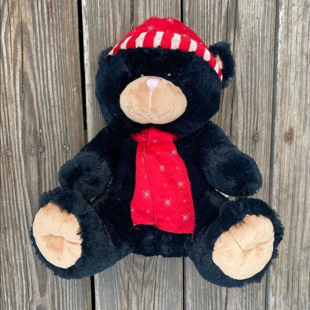 DAN DEE VINTAGE HOLIDAY BLACK BEAR PLUSH RED HAT